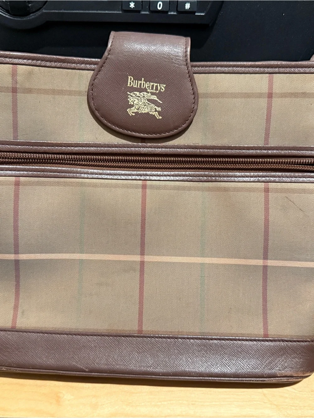 Burberry Tan and Brown Plaid Briefcase with Gold Logo
